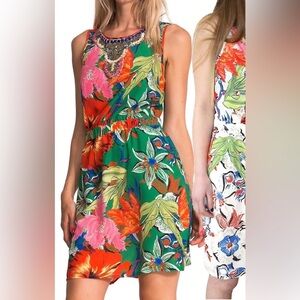 Desigual Sleeveless Dress Tropical Print Cut-out Back Beaded Details Size 36/4